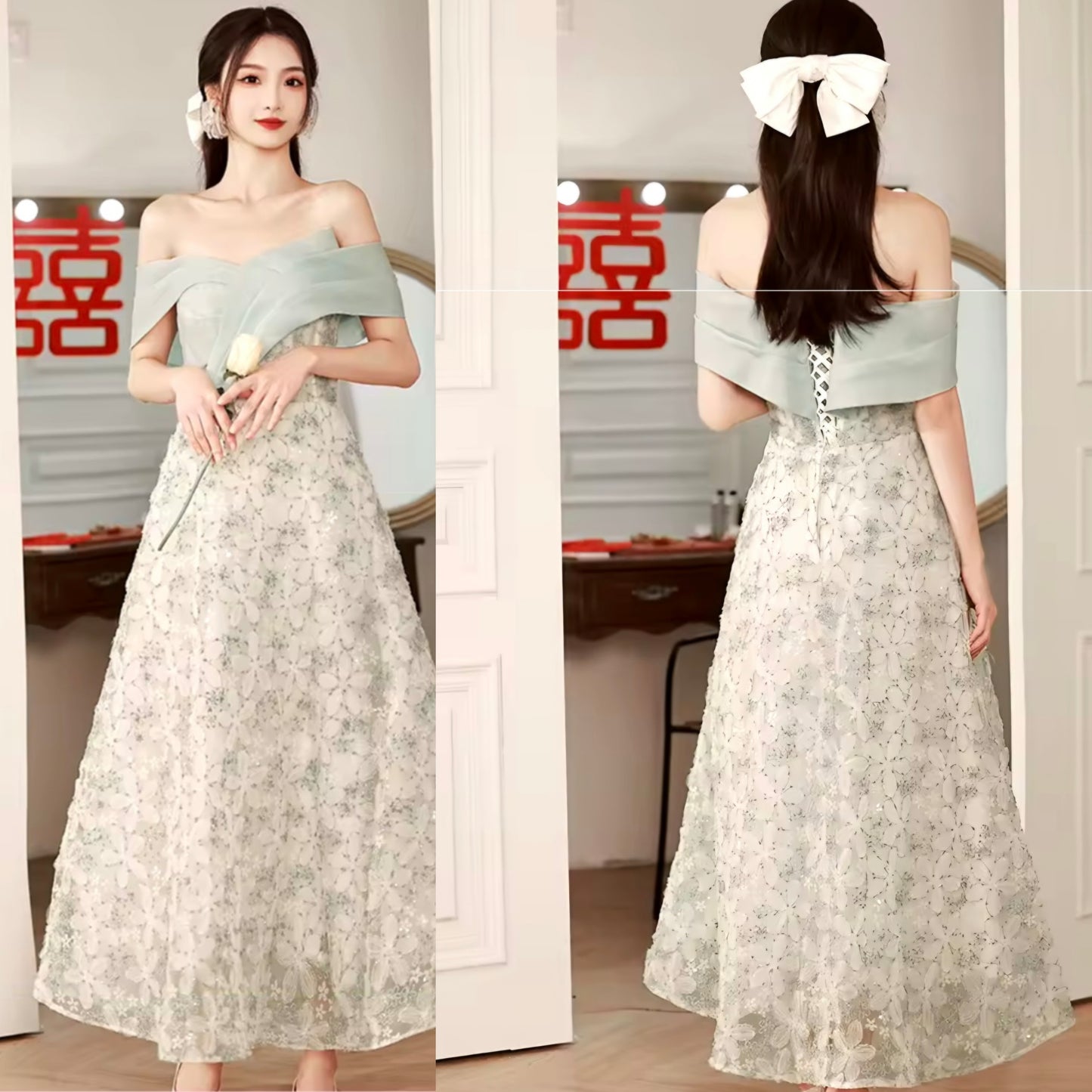 เดรสลูกไม้เปิดไหล่เขียวขาว | Green-White Off-Shoulder Lace Dress