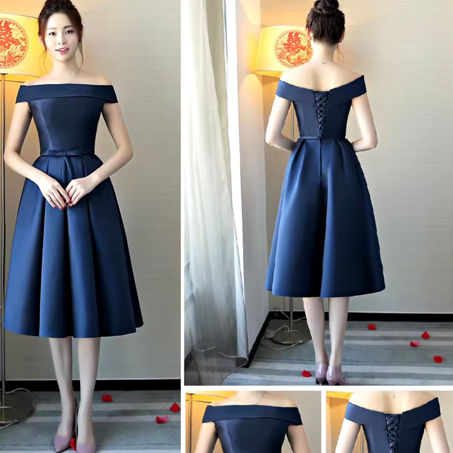 ชุดเดรสเปิดไหล่ทรงเอลิแกนท์สีน้ำเงิน | Navy Criss-Cross Back Dress