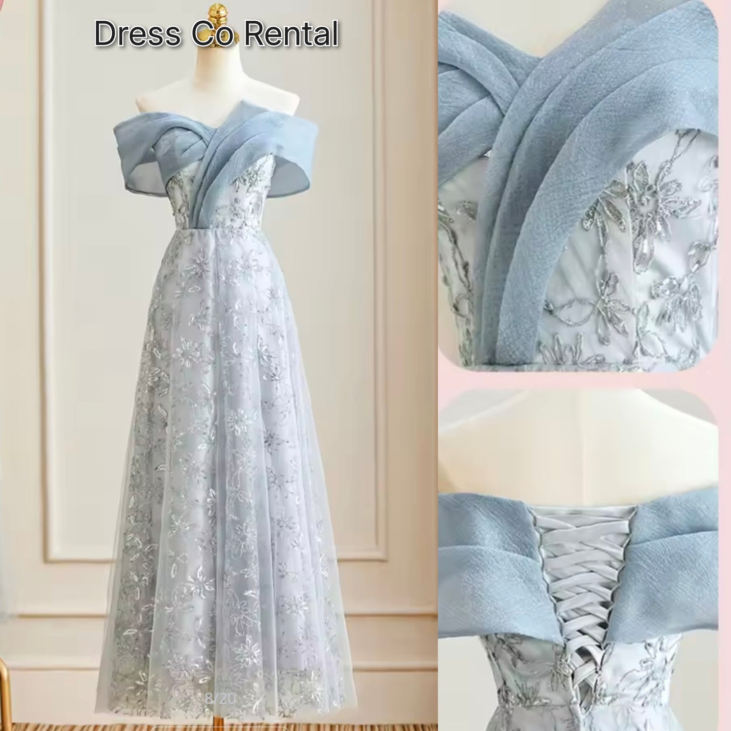 ชุดราตรีฟ้าคอพับ | Blue Folded Neck Evening Dress