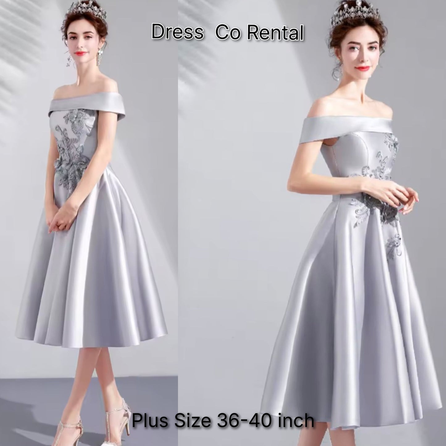 Gray satin plus size evening dress with off-shoulder lace detail