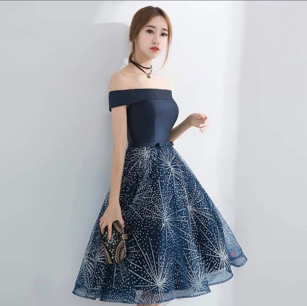 Navy Glitter Off-Shoulder Dress