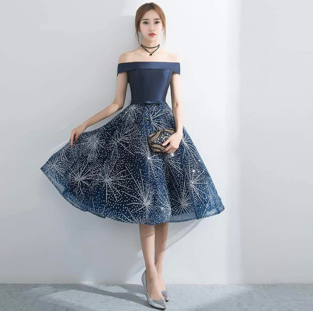 Navy Glitter Off-Shoulder Dress