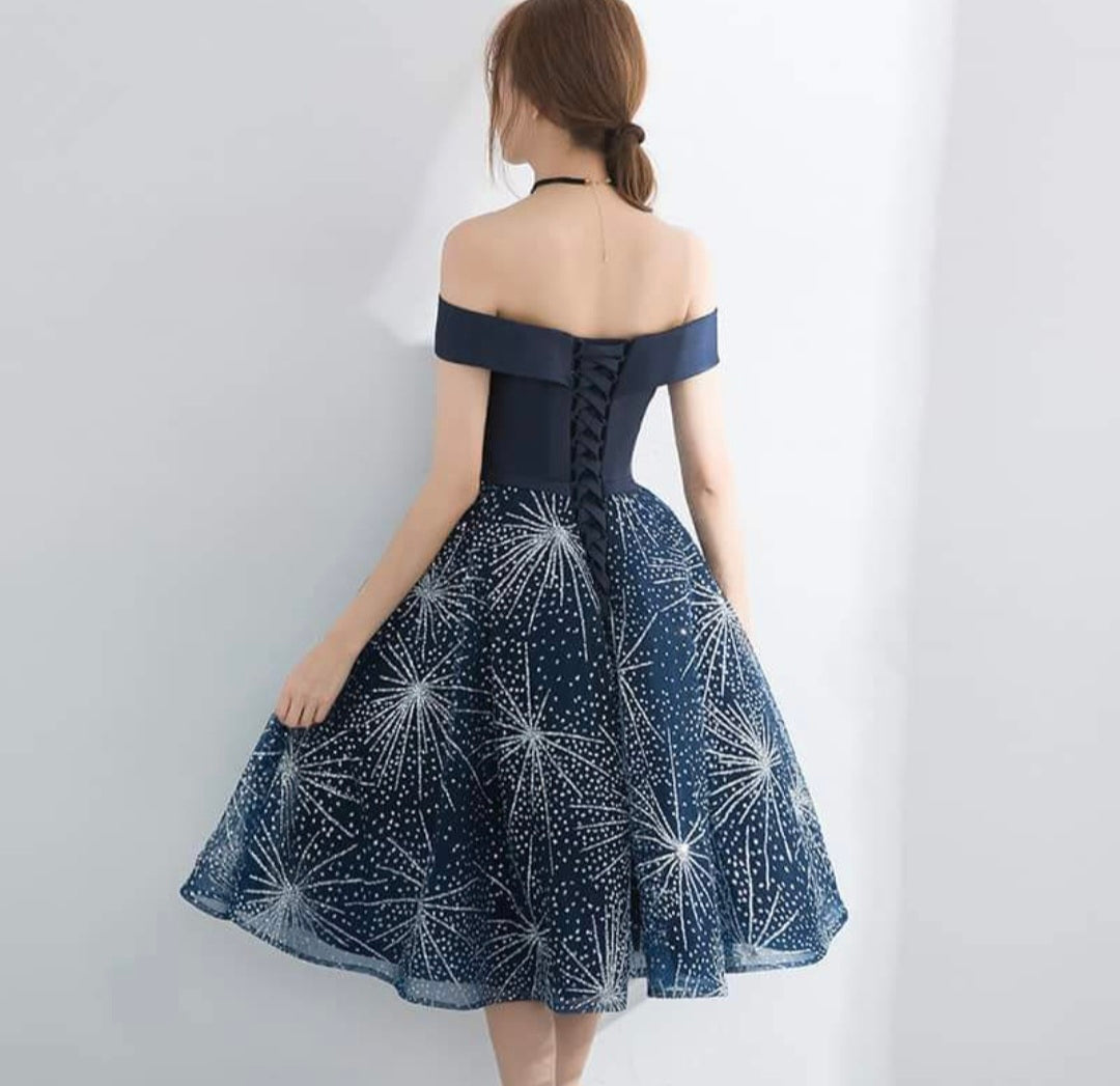 Navy Glitter Off-Shoulder Dress