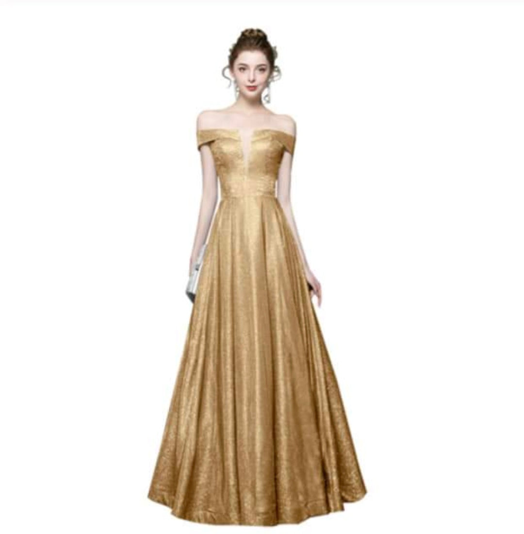 Gold Glitter Off-Shoulder Long Dress