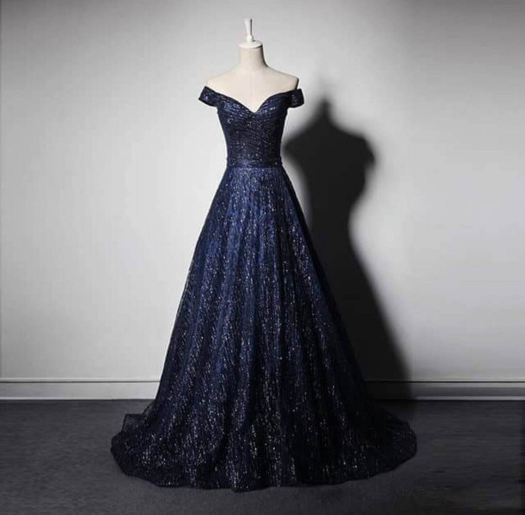 Navy Glitter Fitted Off-Shoulder Long Dress