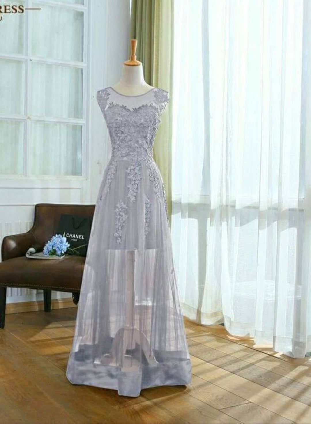 Silver Sheer Lace Top Long Dress