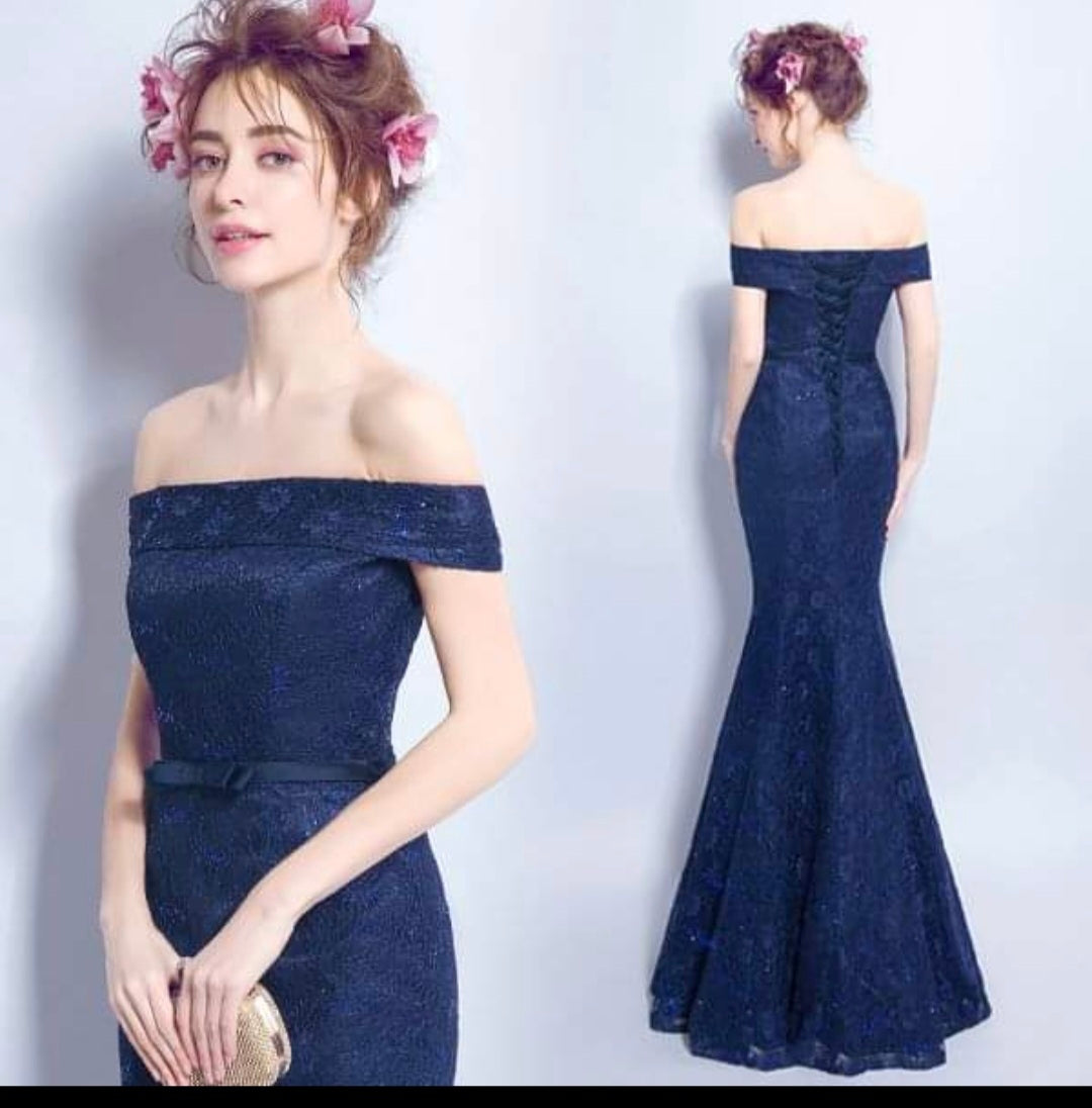 Navy Off-Shoulder Lace Mermaid Gown