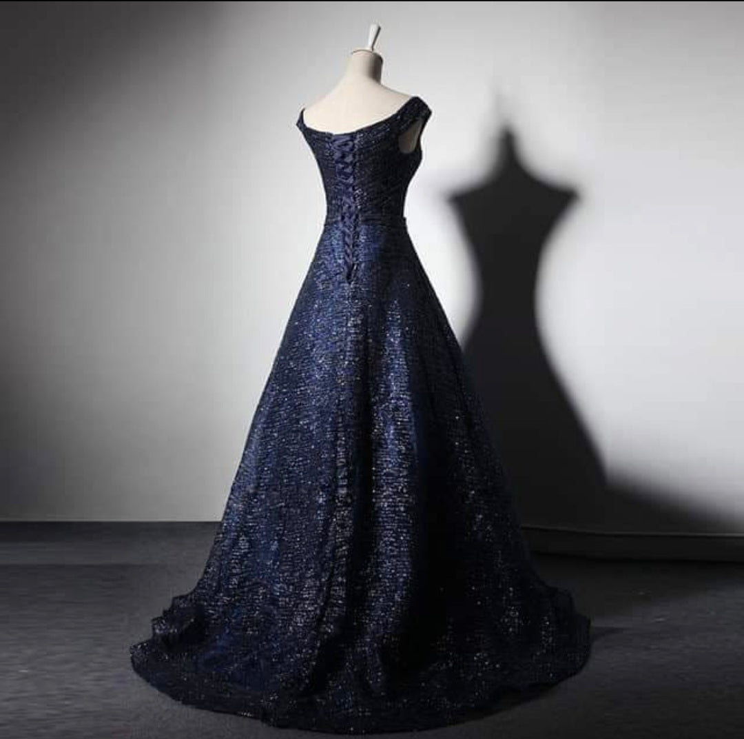 Navy Glitter Fitted Off-Shoulder Long Dress
