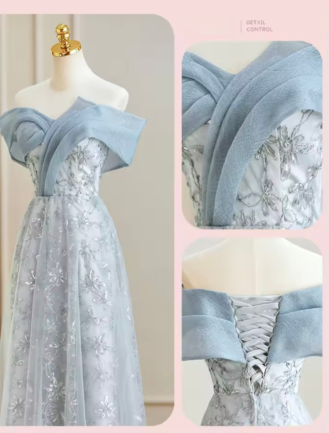 ชุดราตรีฟ้าคอพับ | Blue Folded Neck Evening Dress