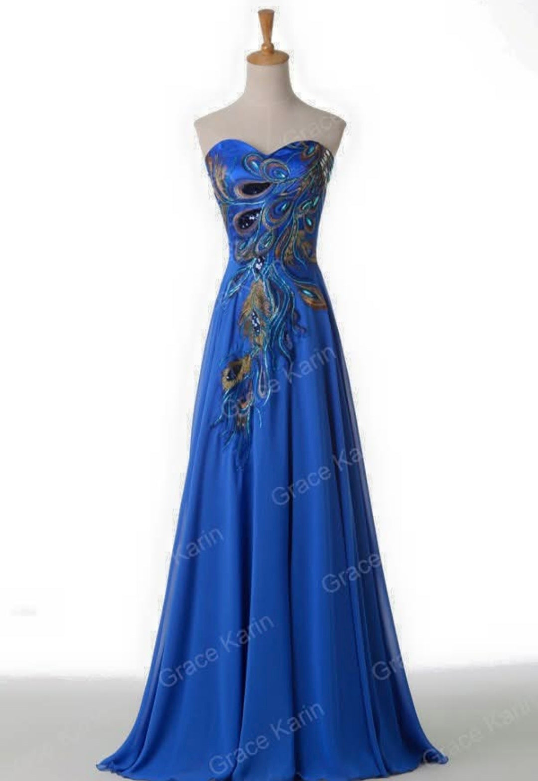 Royal blue peacock feather embroidered strapless long evening dress