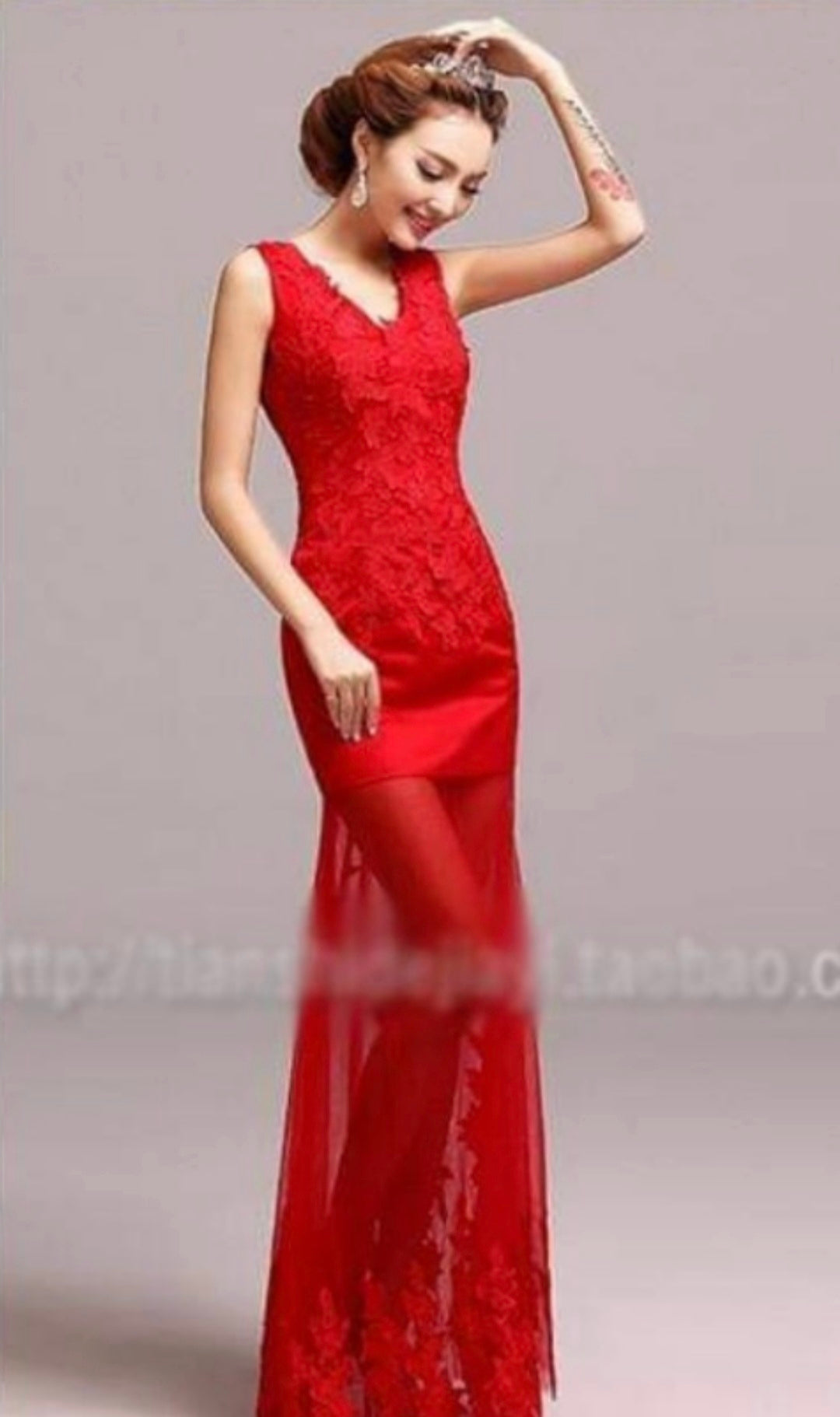 Red Floral See-through Gown / ชุดราตรีซีทรูปักลายดอกสีแดง