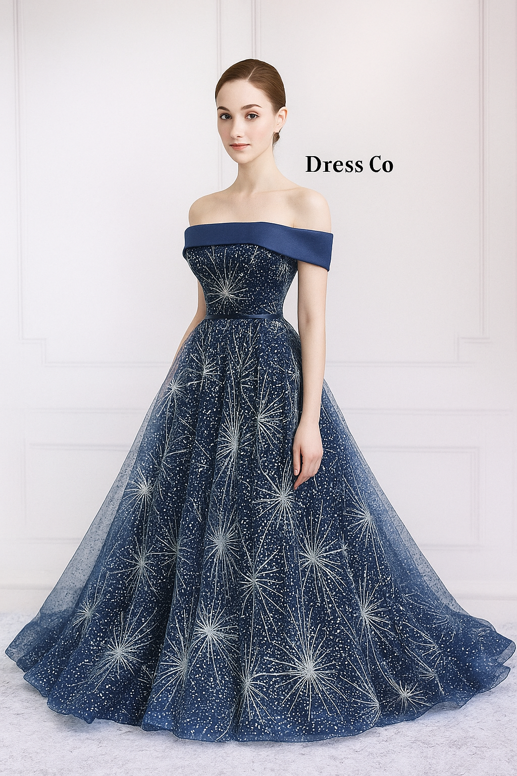 ชุดราตรียาวเปิดไหล่ ลายดวงดาวแวววาว | Midnight Starry Night Gown