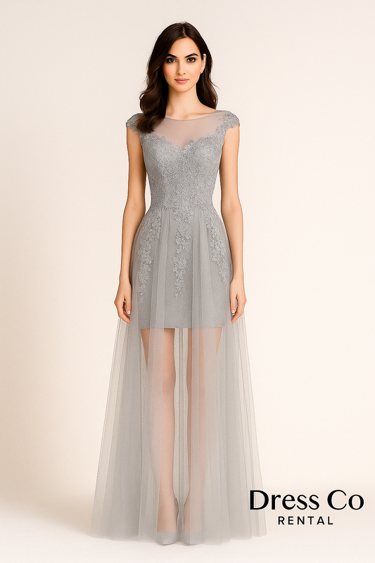 Silver Sheer Lace Top Long Dress