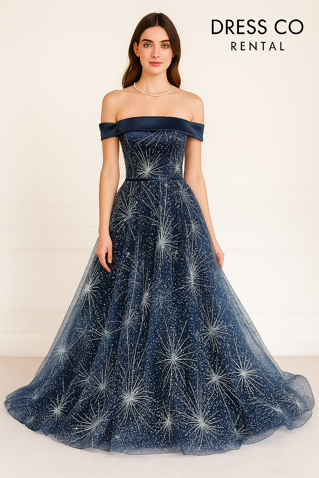 ชุดราตรียาวเปิดไหล่ ลายดวงดาวแวววาว | Midnight Starry Night Gown