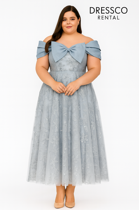 ชุดเดรสโบว์ฟ้าปักลูกไม้สีเงิน | Silver Blue Bow Lace Dress