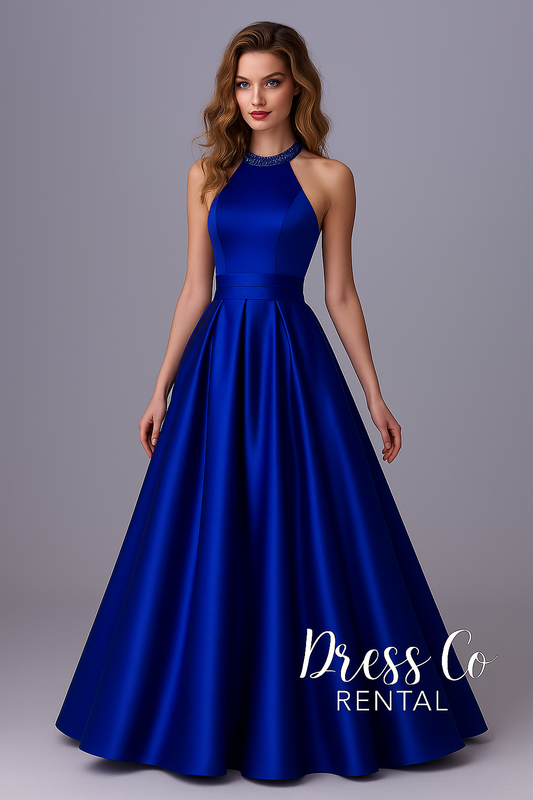 ชุดราตรีคอฮาเตอร์สีน้ำเงินทรงบอลกาวน์ | Halter Neck Blue Ball Gown Dress
