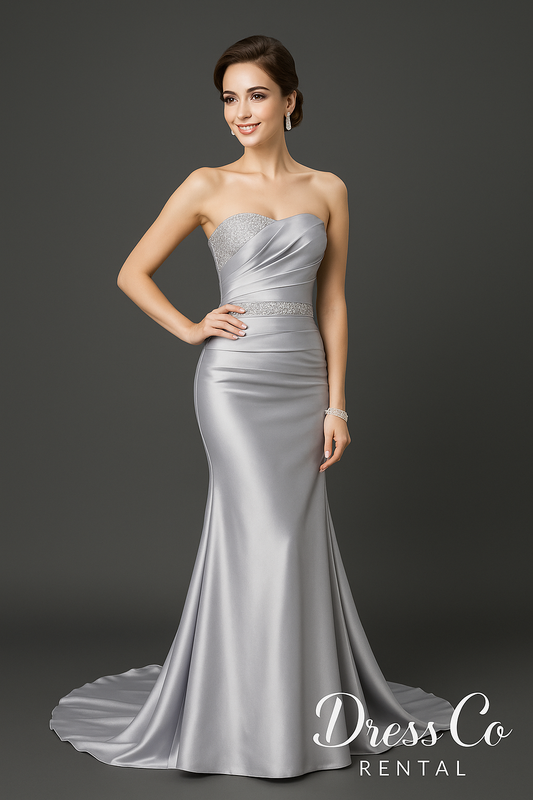 Silver Satin Dress with Beaded Waist