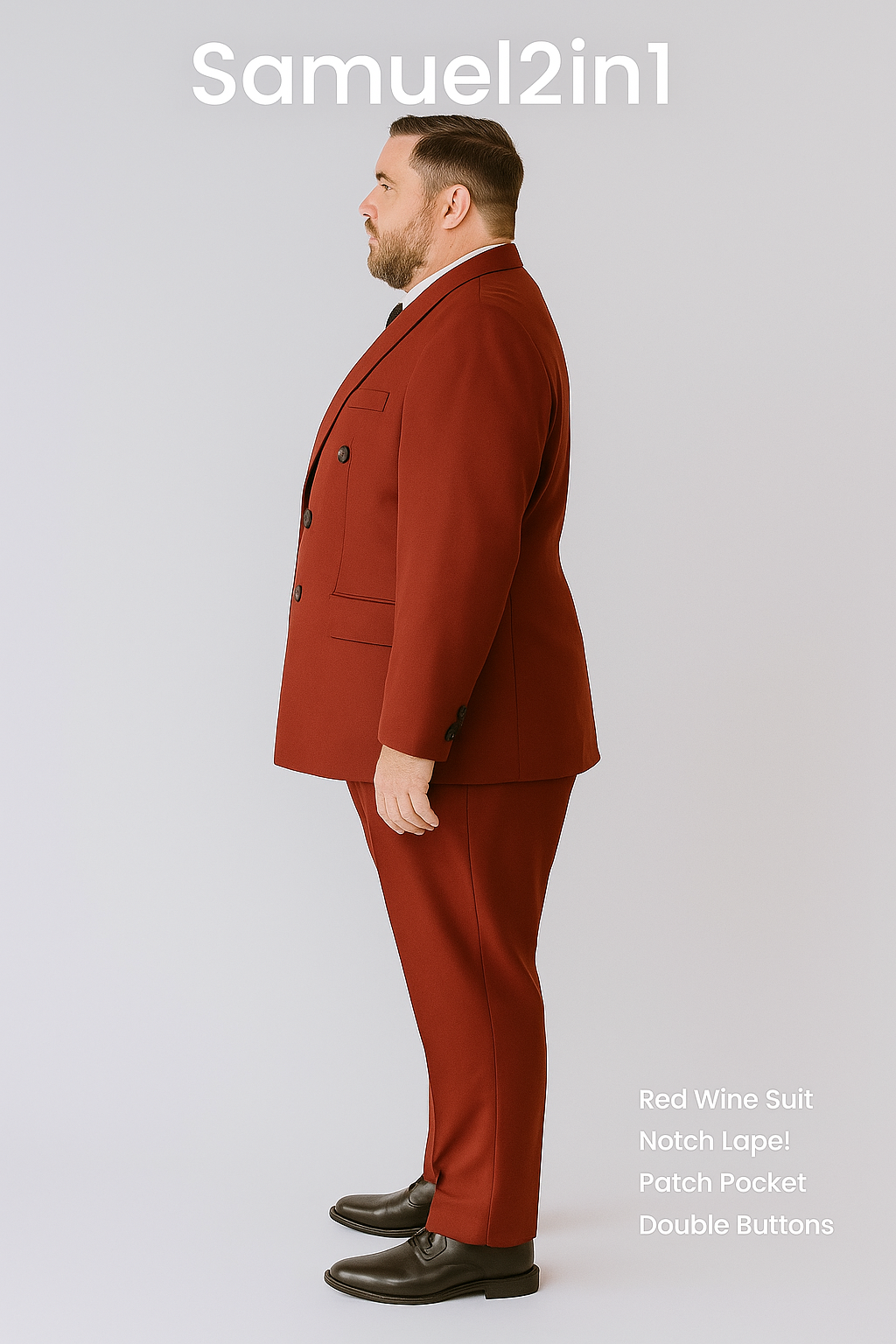 สูทเช่าตัดใหม่ สีแดงไวน์ ไซส์ใหญ่ – ปกแหลม กระเป๋าฝาปิด   Wine Red Plus-Size Suit – Peak Lapel with Flap Pocket