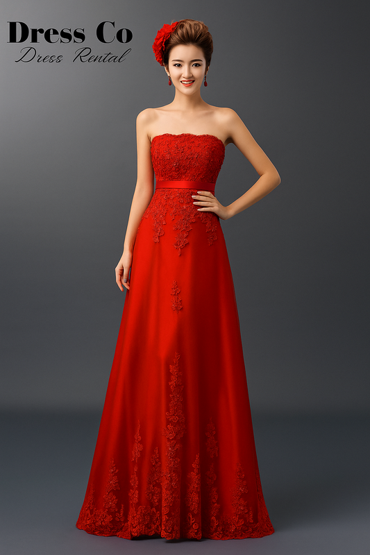 Red Sequin Strapless Gown / ชุดราตรีปักเลื่อมเกาะอกสีแดง
