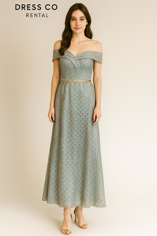 Silver Off-Shoulder Glitter Dress with Belt