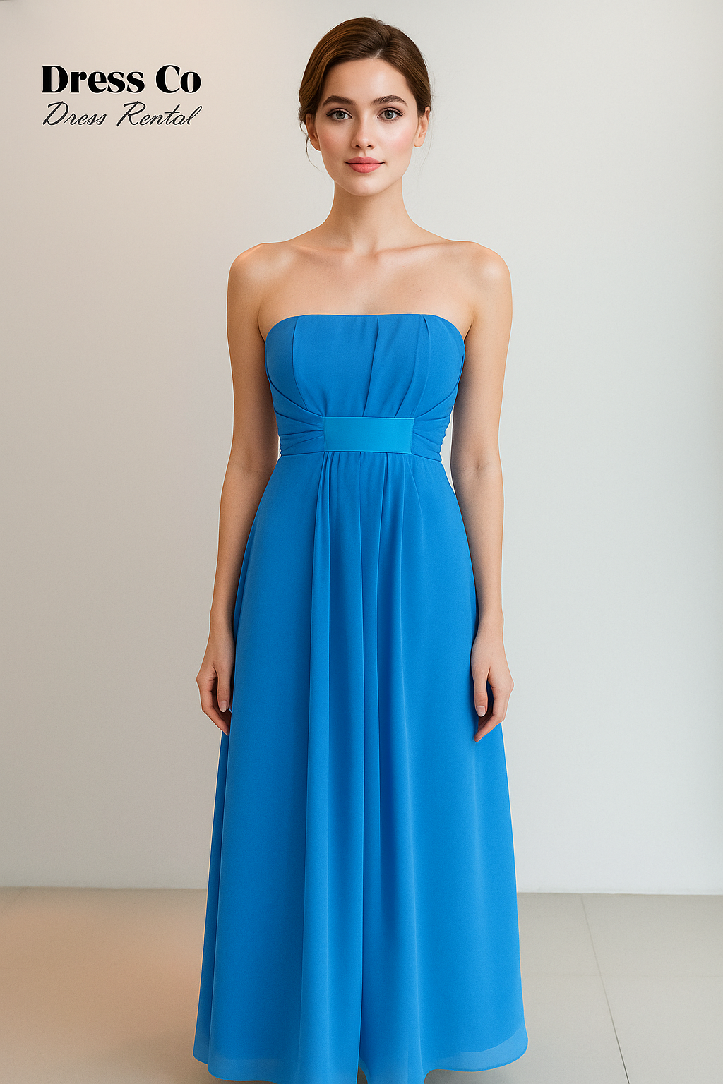 ブルーのストラップレスシフォンガウンセット | ツーピースのブルーのストラップレスシフォンイブニングガウンセット