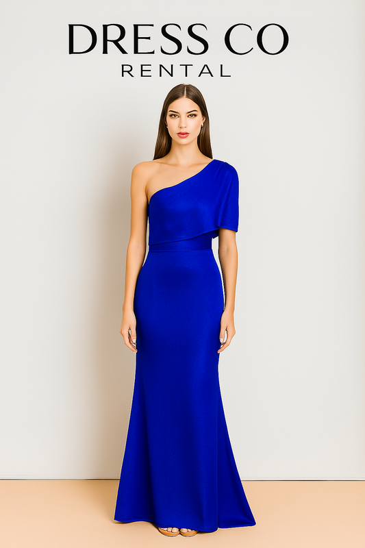 ชุดราตรีไหล่เดียวดีไซน์ระบายผ้าซาตินสีน้ำเงิน | Asymmetric Satin Drape Dress - Blue