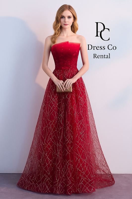 เดรสยาวเปิดไหล่สีแดงกลิตเตอร์ | Red Glitter Strapless Gown