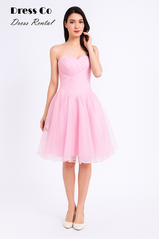 เดรสสั้นเกาะอกสีชมพู / Pink Strapless Short Dress