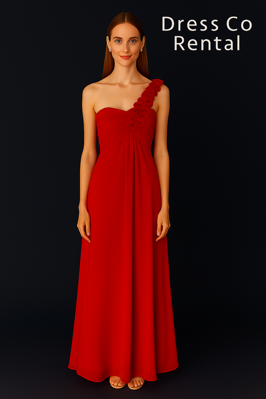 Red One-Shoulder Rose Gown / ชุดราตรีไหล่เดียวแต่งดอกไม้สีแดง