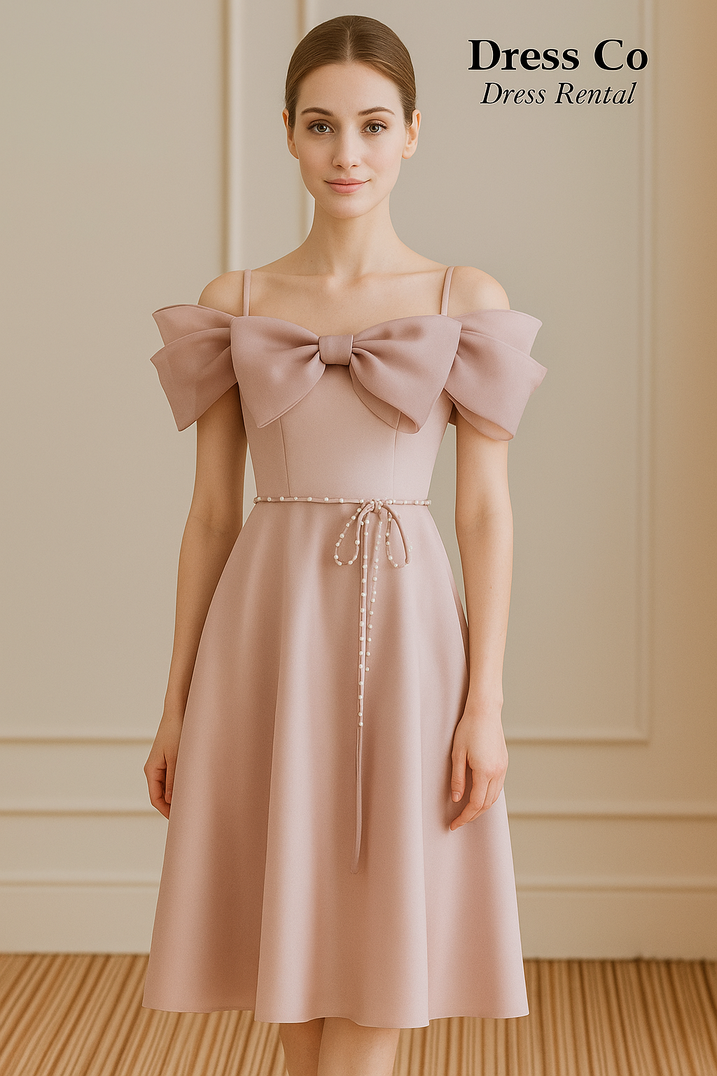 ชุดราตรีชมพูโบว์ไข่มุก | Pink Pearl Bow Strap Dress