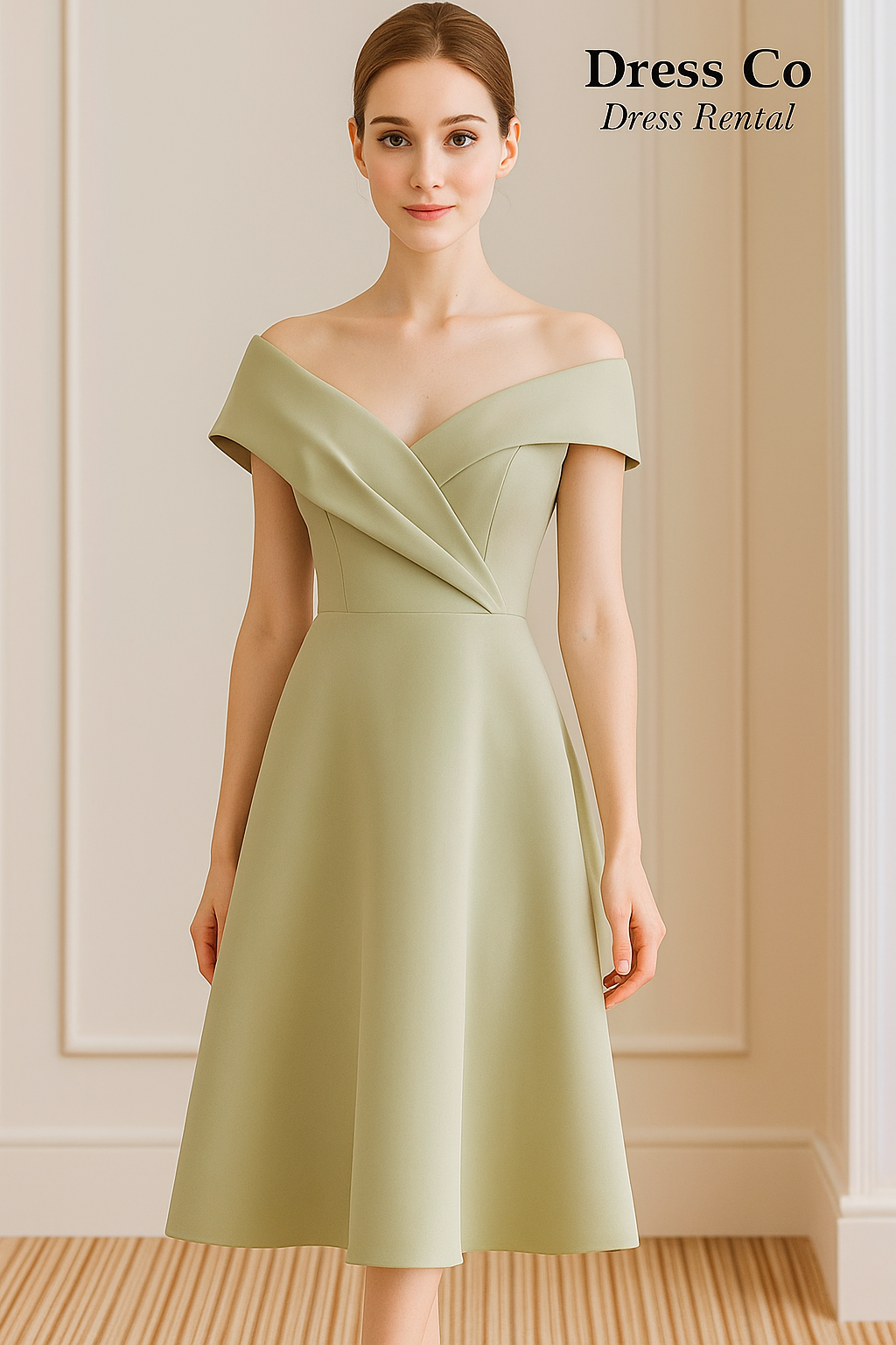 ชุดเดรสเขียวคอพับ | Green Folded Neck Midi Dress