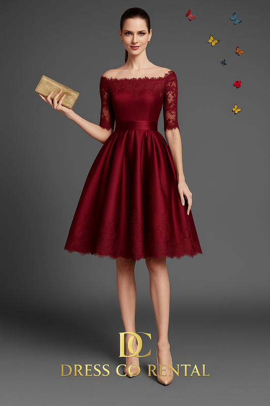 Wine Red Lace Off-Shoulder Dress with 3/4 Sleeves