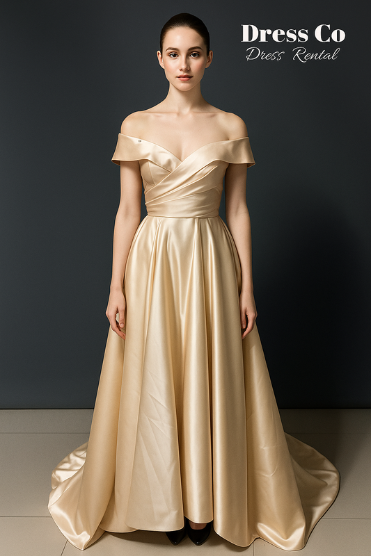 Golden Satin Strapless Ball Gown | ชุดราตรียาวผ้าซาตินสีทอง เกาะอกทรงสุ่ม