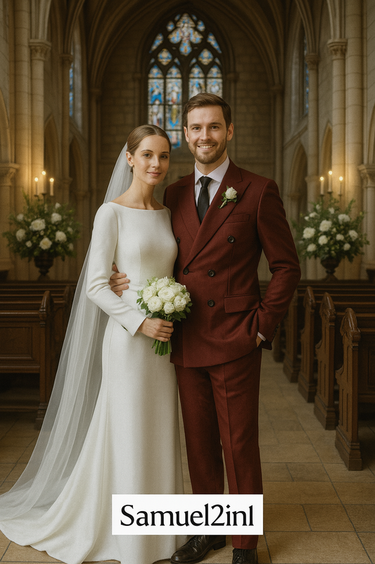 สูทเจ้าบ่าวสีแดงเลือดหมู (เช่าตัดใหม่) | Groom Burgundy Double-Breasted Suit – Samuel2in1
