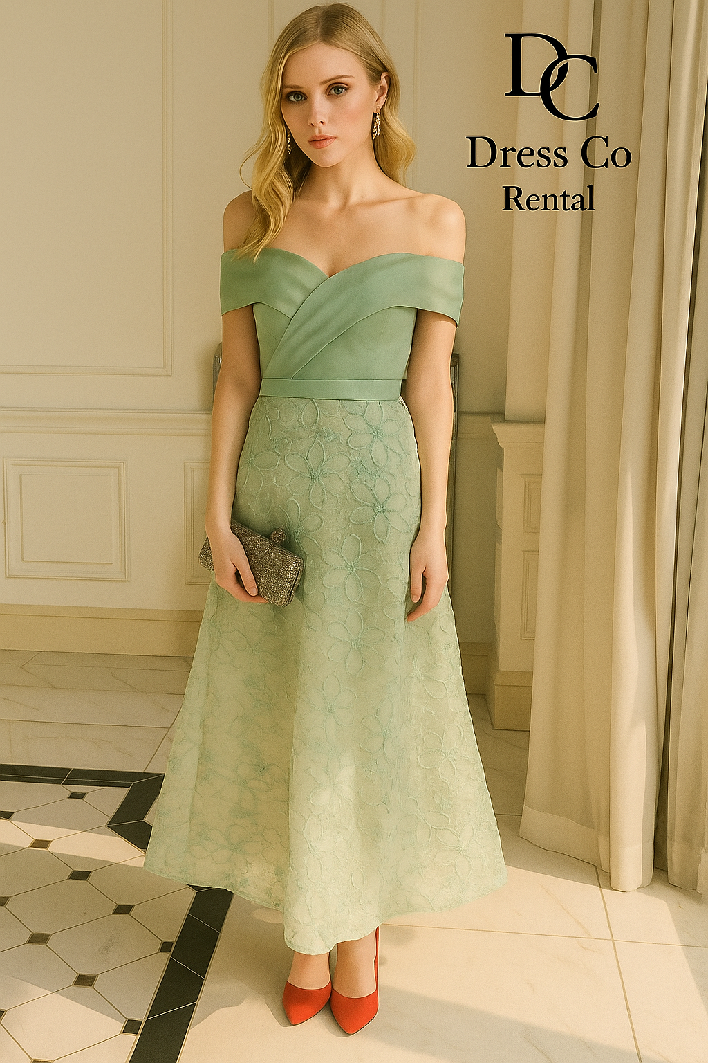เดรสลูกไม้เปิดไหล่เขียวขาว | Green-White Off-Shoulder Lace Dress