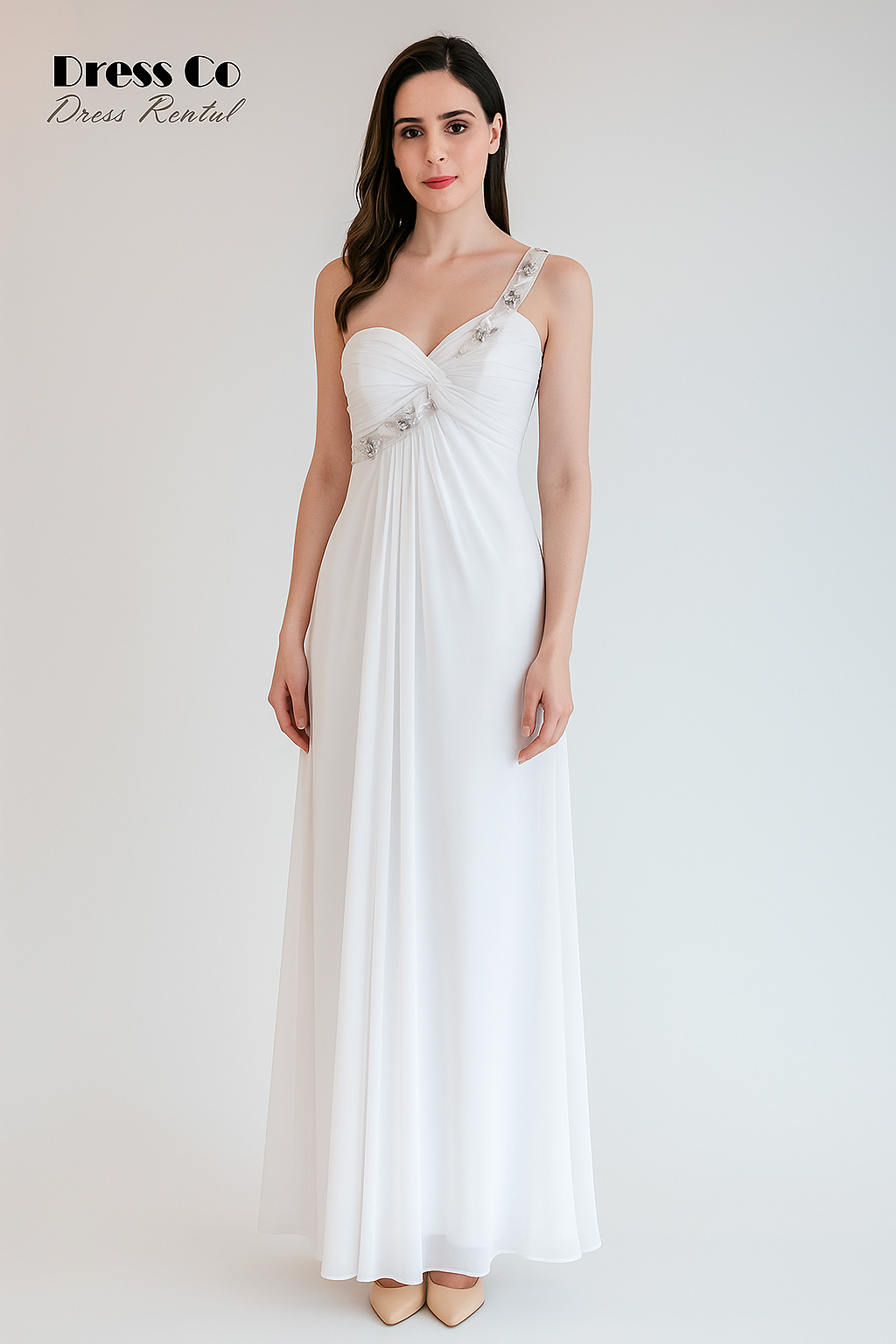White Crystal One-Shoulder Gown | White long evening gown with one shoulder and crystal details