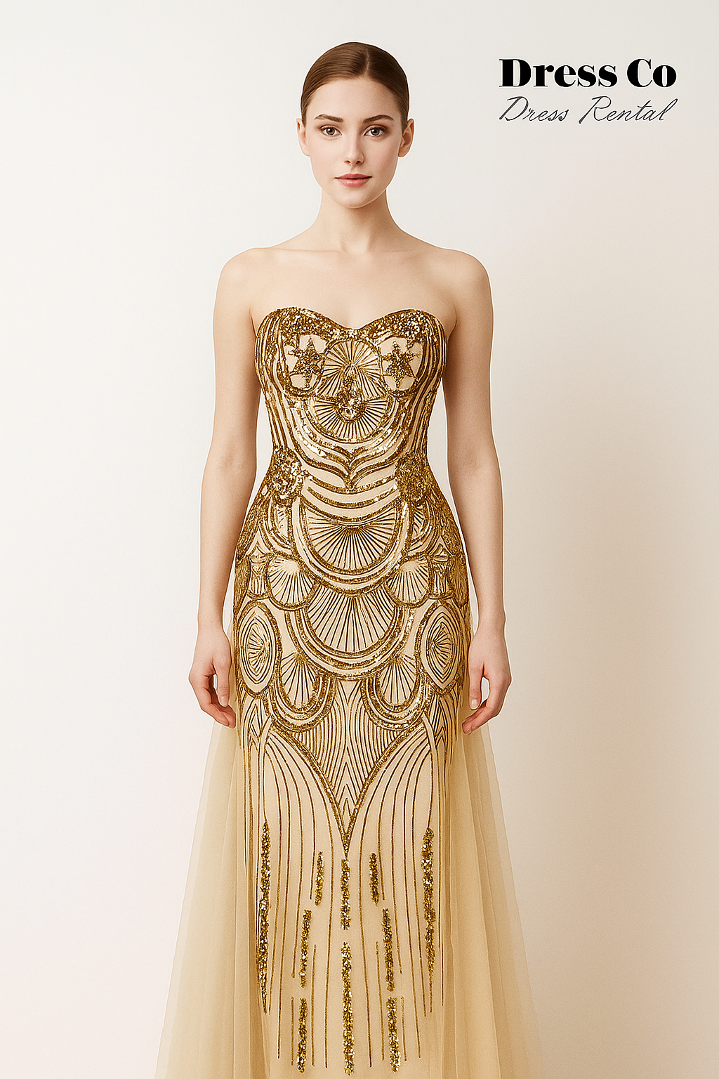 シャンパンゴールドの刺繍入りストラップレスイブニングドレス