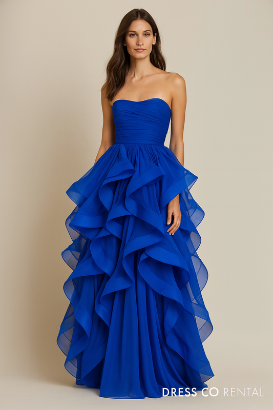 ชุดราตรีไฮโลว์ระบายฟูสีน้ำเงิน | Ruffle Layered High-Low Dress - Blue
