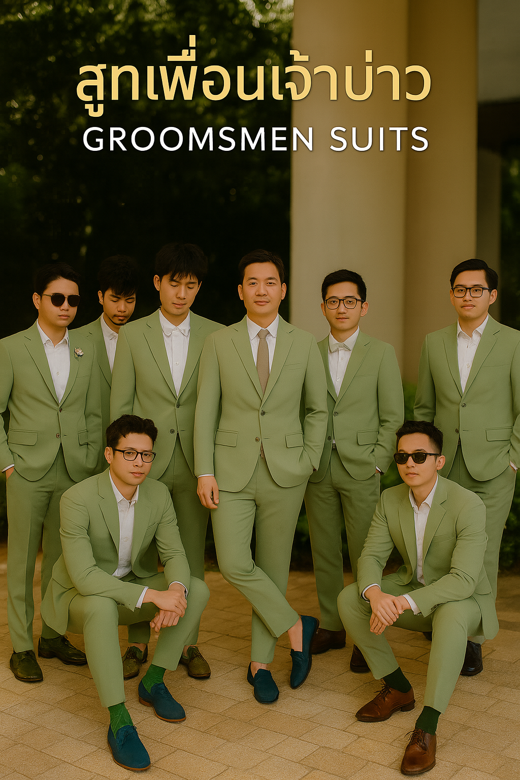 สูทเพื่อนเจ้าบ่าวสีเขียวพิสตาชิโอ | Pistachio Green Groomsmen Suits for Rent