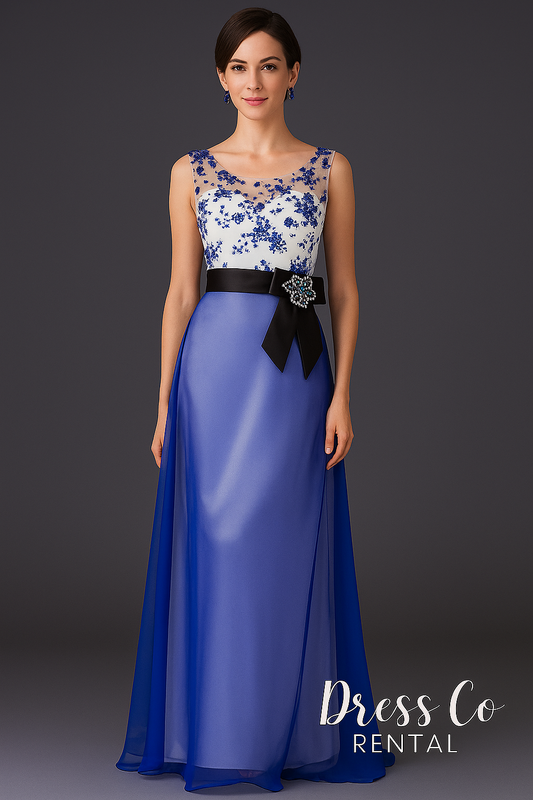 ชุดราตรีลายดอกคอซีทรูสีขาวน้ำเงิน | Floral Mesh Neckline Dress - Blue & White
