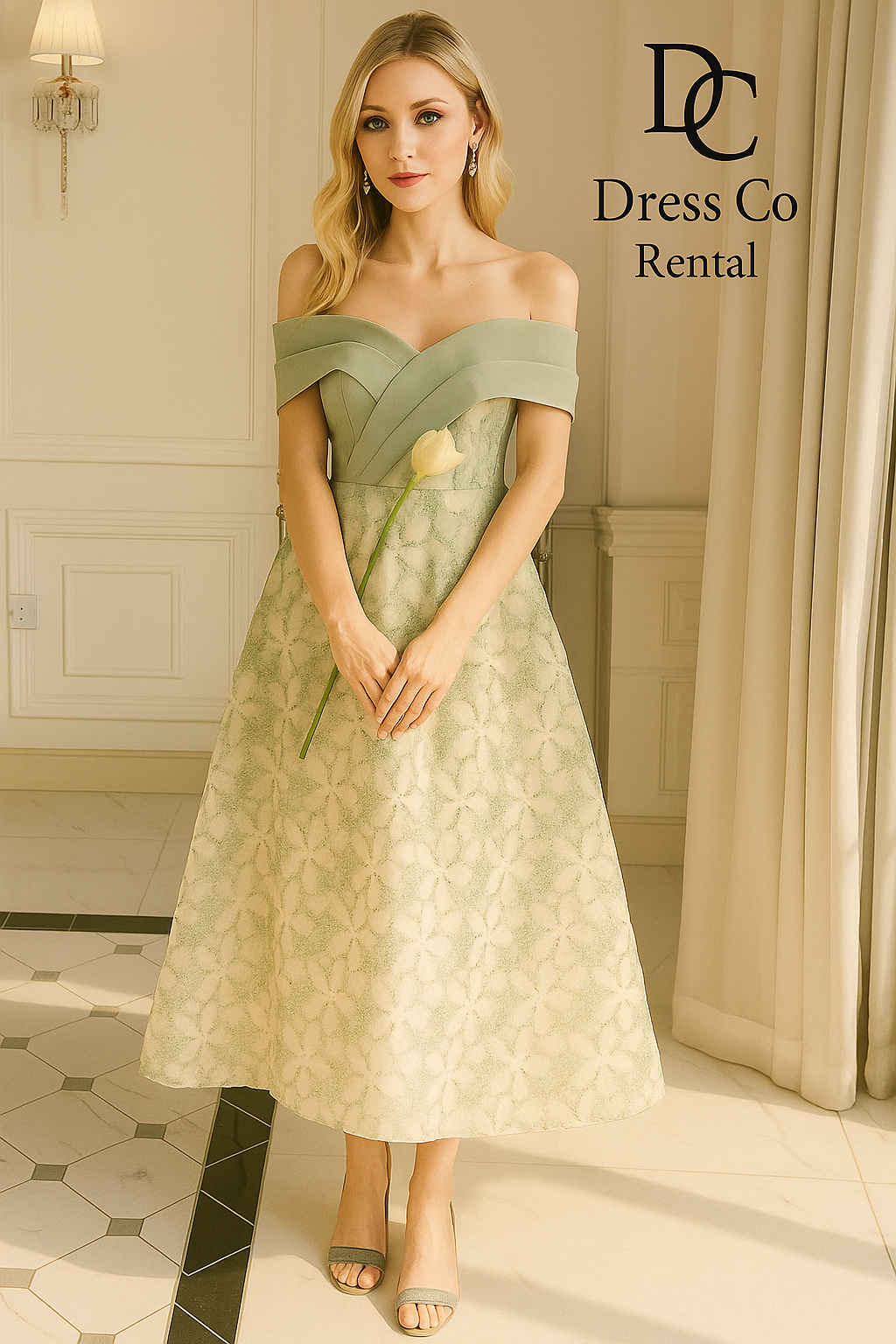 เดรสลูกไม้เปิดไหล่เขียวขาว | Green-White Off-Shoulder Lace Dress