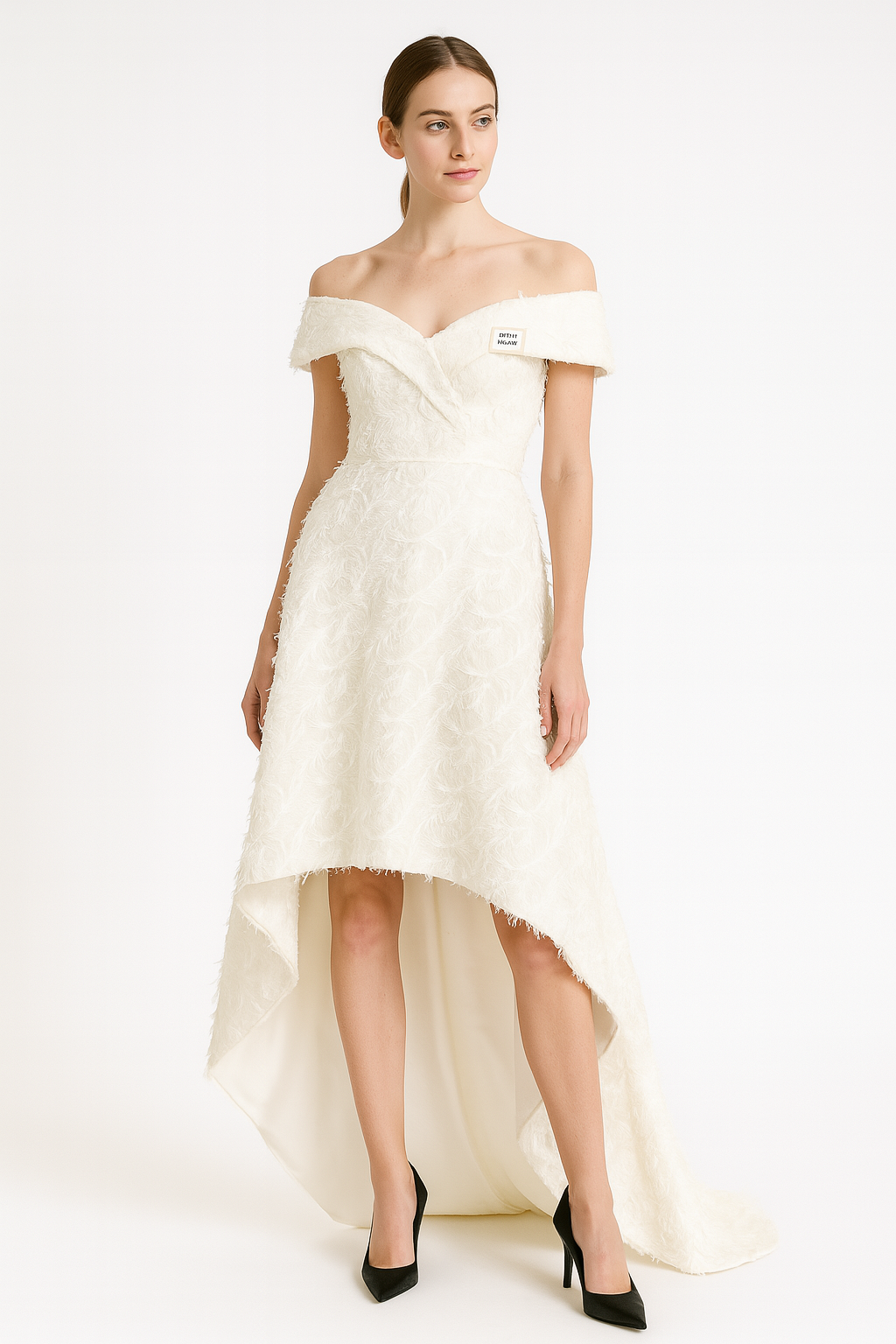 White evening dress, short in the front, long in the back, luxurious off-shoulder