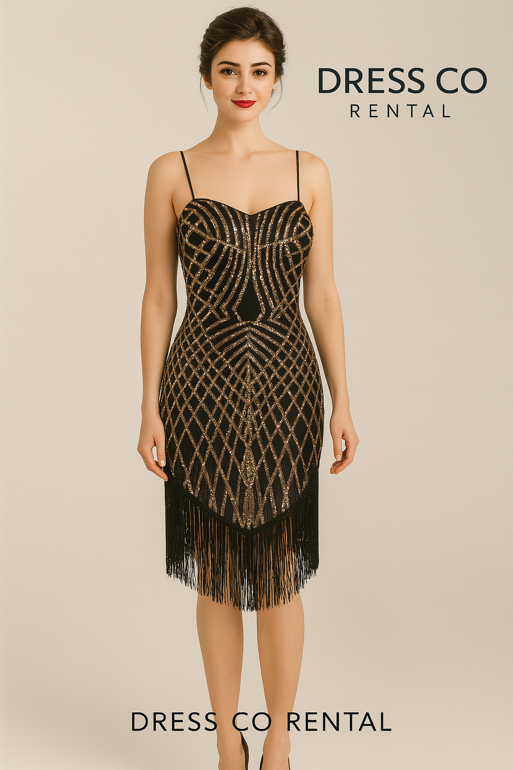 Geometric glitter embroidered slim fit short evening dress with black tassels