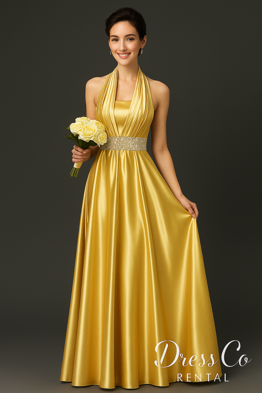 Golden Satin Halter Gown | Golden satin long evening gown with a luxurious diamond halter neckline
