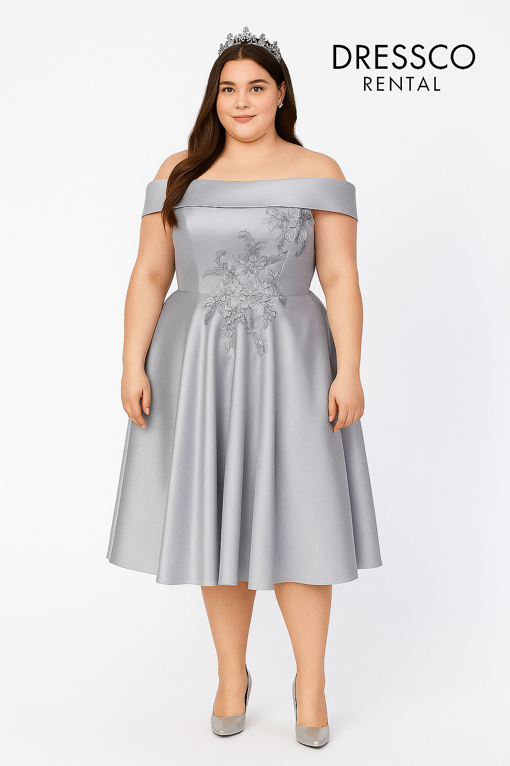 Gray satin plus size evening dress with off-shoulder lace detail