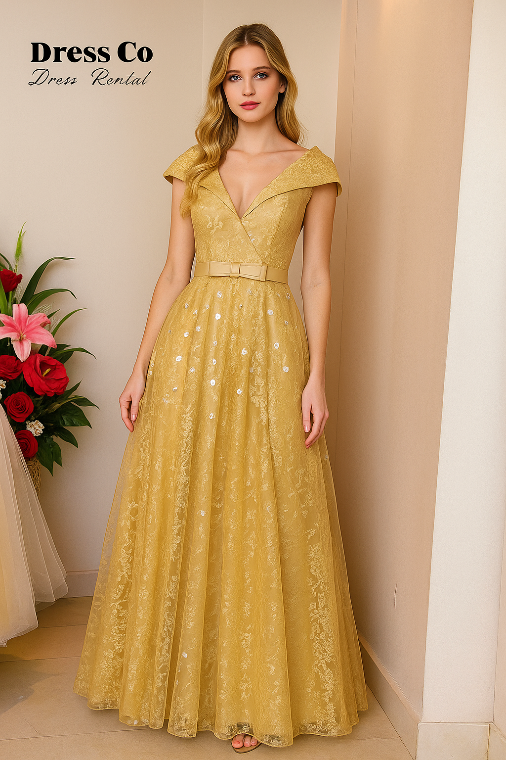 Golden Lace Sequin Bow Gown