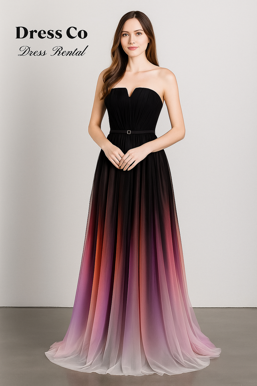 Black-purple-pink gradient long evening dress, strapless style