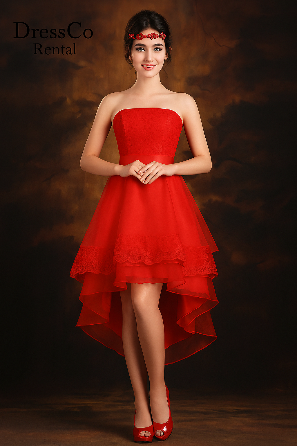 Red Layered Lace Hi-Low Dress