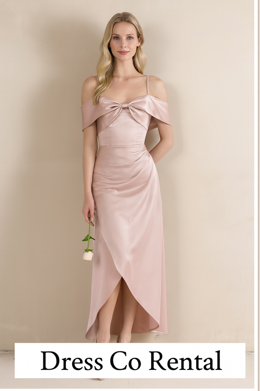 ชุดเดรสโทนชมพูซาตินเปิดไหล่โบว์หน้า – Size M