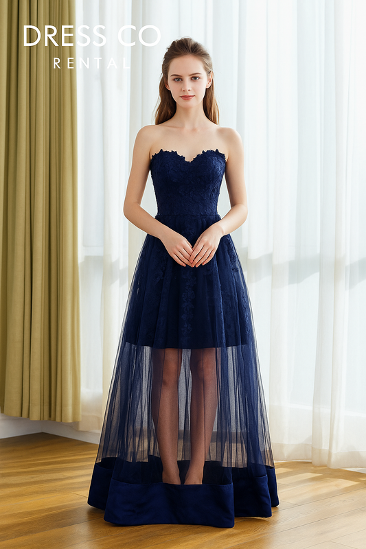 ชุดราตรีลูกไม้ซีทรูเกาะอก | Navy Sheer Lace Sweetheart Dress